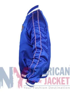 Katy Perry Tiger Logo Jacket showcasing smooth satin material, viscose lining, and two outside pockets