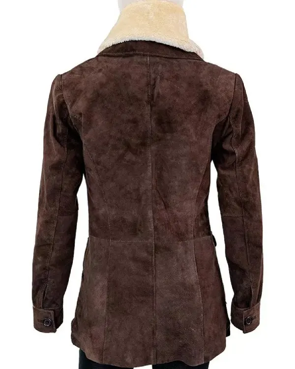Kelly Reilly Yellowstone S02 Beth Dutton Brown Fur Collar Wool Coat Jacket back view