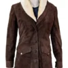 Kelly Reilly Yellowstone S02 Beth Dutton Brown Fur Collar Wool Coat Jacket front view