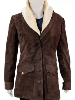 Kelly Reilly Yellowstone S02 Beth Dutton Brown Fur Collar Wool Coat Jacket front view