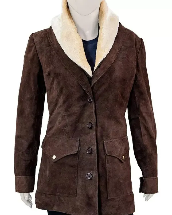 Kelly Reilly Yellowstone S02 Beth Dutton Brown Fur Collar Wool Coat Jacket front view