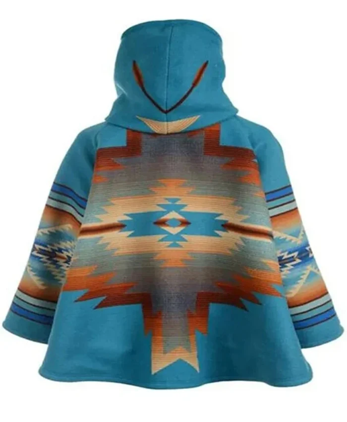 Kelly Reilly Yellowstone S03 E06 Beth Dutton Blanket Turquoise Hooded Poncho Coat back view