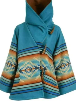 Kelly Reilly Yellowstone S03 E06 Blanket Turquoise Hooded Poncho Coat front view
