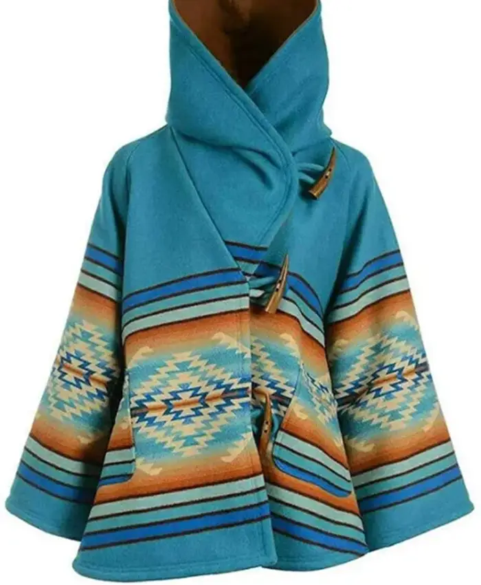 Kelly Reilly Yellowstone S03 E06 Blanket Turquoise Hooded Poncho Coat front view