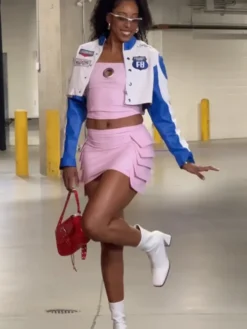 Kelsey Mitchell Fever vs. Liberty White And Blue Cafe Racer Cropped Leather Jacket view