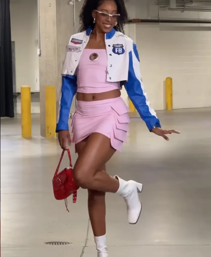 Kelsey Mitchell Fever vs. Liberty White And Blue Cafe Racer Cropped Leather Jacket view