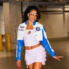 Kelsey Mitchell Fever vs. Liberty White And Blue Cropped Cafe Racer Leather Jacket front view