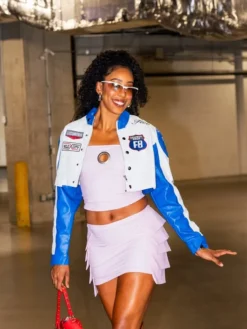 Kelsey Mitchell Fever vs. Liberty White And Blue Cropped Cafe Racer Leather Jacket front view