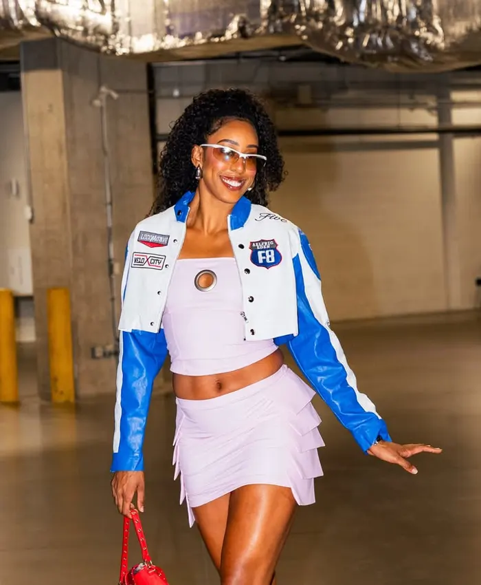 Kelsey Mitchell Fever vs. Liberty White And Blue Cropped Cafe Racer Leather Jacket front view