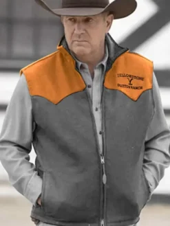 Kevin Costner TV-Series Yellowstone Grey And Orange Zip-Up Vest sale