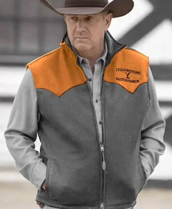 Kevin Costner TV-Series Yellowstone Grey And Orange Zip-Up Vest sale
