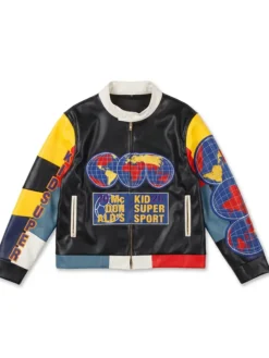 KidSuper x McDonald's Chris Brown Black Moto Cafe Racer Leather Jacket front view