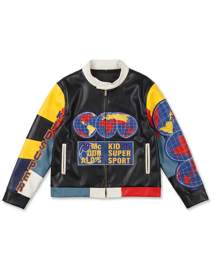 KidSuper x McDonald's Chris Brown Black Moto Cafe Racer Leather Jacket front view