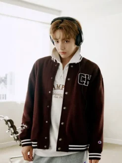 Kim Taehyung BTS V True Champion FW26 Brown Wool Varsity Jacket front view