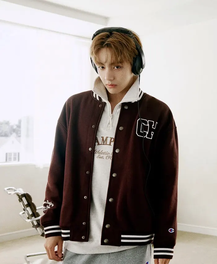 Kim Taehyung BTS V True Champion FW26 Brown Wool Varsity Jacket front view