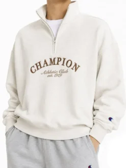 Kim Taehyung Champion Club Est. 1919 Off-White Half-Zip Pullover Jacket front view