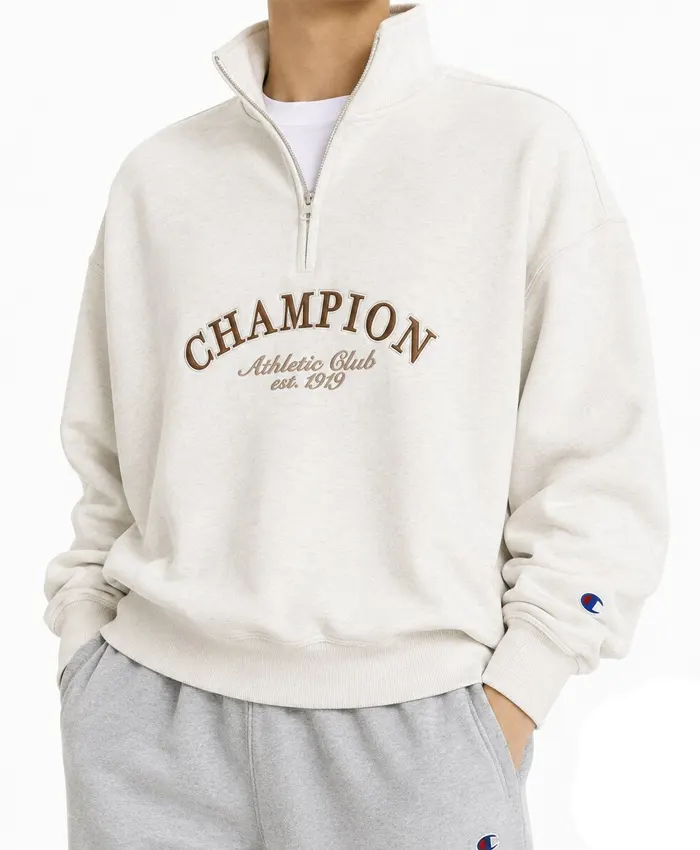 Kim Taehyung Champion Club Est. 1919 Off-White Half-Zip Pullover Jacket front view