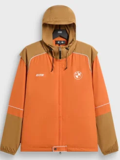 Kith for BMW 2026 Inka Orange Zip Hooded Windbreaker Jacket front view