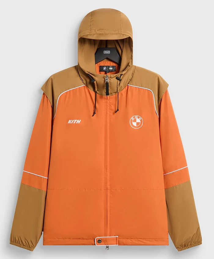 Kith for BMW 2026 Inka Orange Zip Hooded Windbreaker Jacket front view