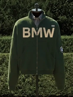 Kith for BMW 2026 Vitality Green Zip Coaches Suede Leather Jacket front view