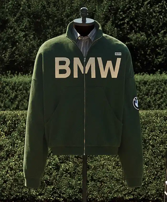 Kith for BMW 2026 Vitality Green Zip Coaches Suede Leather Jacket front view