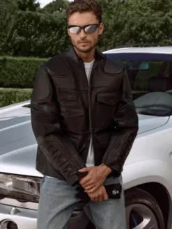 Kith for BMW Chapter IV 2026 Black Embossed Padded Leather Moto Jacket front view