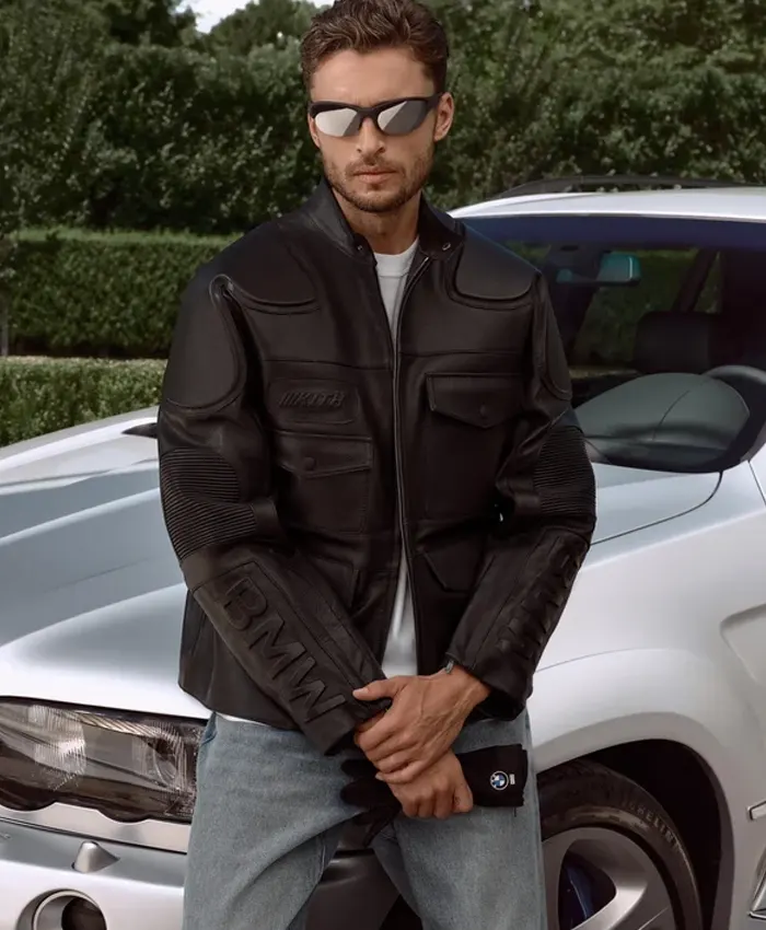 Kith for BMW Chapter IV 2026 Black Embossed Padded Leather Moto Jacket front view