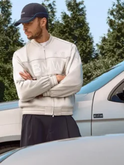Kith for BMW Chapter IV 2026 Souvenir Titanium Silver Satin Bomber Jacket with rib