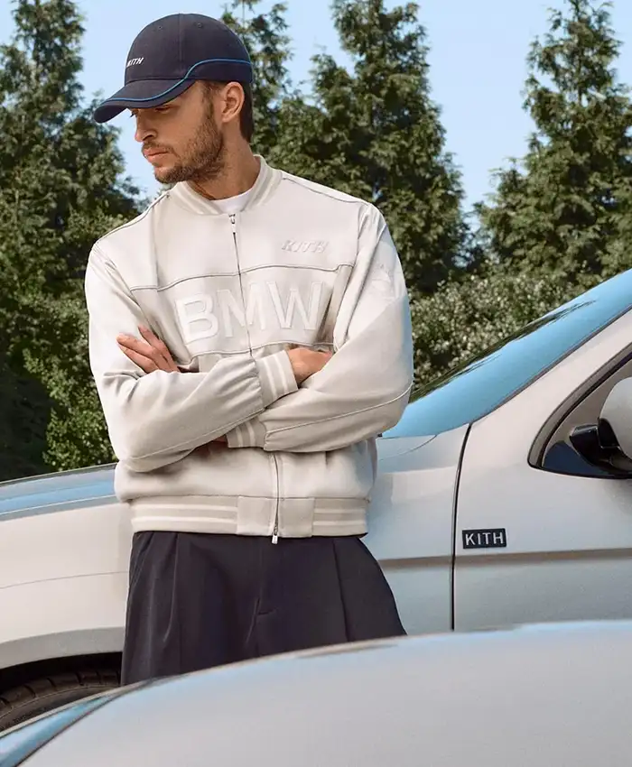 Kith for BMW Chapter IV 2026 Souvenir Titanium Silver Satin Bomber Jacket with rib