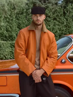 Kith for BMW Chapter IV Inka Orange Leather Hawthorne Flight Jacket front view