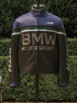 Kith for BMW Motorsport Purple And Black Cafe Racer Leather Jacket front view