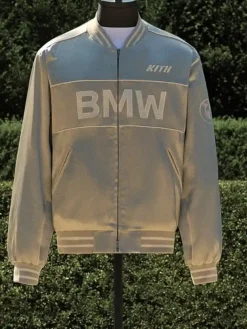 Kith for BMW Souvenir Titanium Silver Satin Bomber Jacket front view