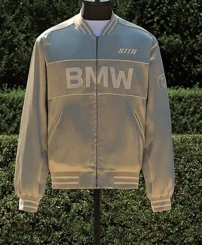 Kith for BMW Souvenir Titanium Silver Satin Bomber Jacket front view