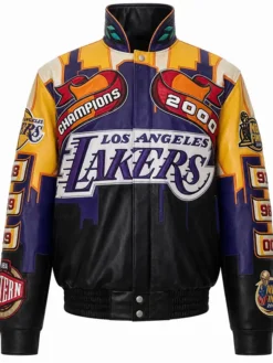 Kobe Bryant LA Lakers 2000 Championship Genuine Leather Jacket front view with multicolor design