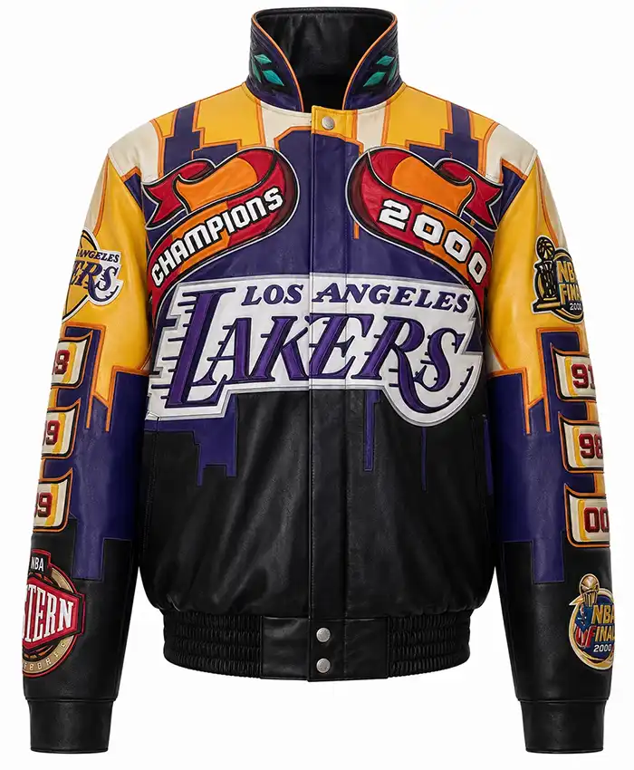 Kobe Bryant LA Lakers 2000 Championship Genuine Leather Jacket front view with multicolor design