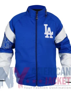 LA Dodgers Blue and White Full-Zip Jacket with polyester fabric and elastic-knit cuffs
