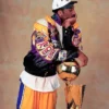 LA Lakers 2000 Championship Leather Jacket featuring stand-up collar, snap-tab closure, and buttoned cuffs