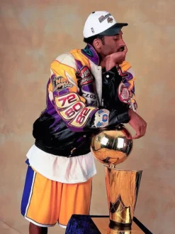 LA Lakers 2000 Championship Leather Jacket featuring stand-up collar, snap-tab closure, and buttoned cuffs
