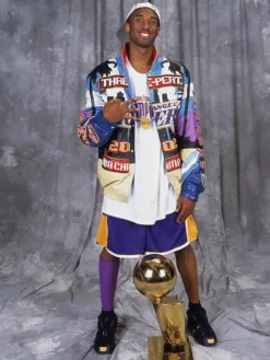 LA Lakers 2002 Three-Peat Leather Jacket featuring stand-up collar, snap-tab closure, and buttoned cuffs