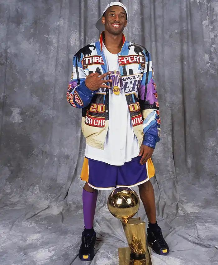 LA Lakers 2002 Three-Peat Leather Jacket featuring stand-up collar, snap-tab closure, and buttoned cuffs