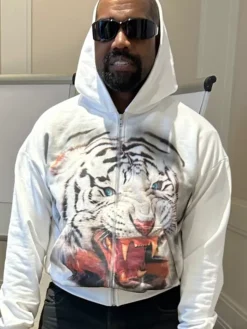 LA MASKARADE Kanye West Tiger White Zip Fleece Hooded Jacket view