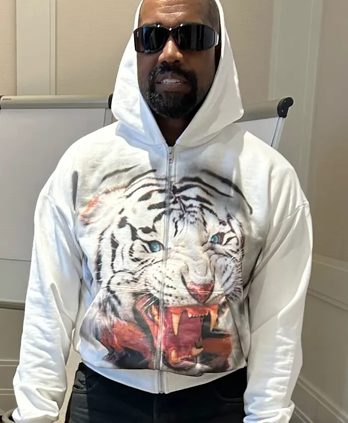 LA MASKARADE Kanye West Tiger White Zip Fleece Hooded Jacket view