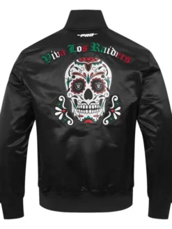 Las Vegas Raiders Viva Los Sugar Skull Black Satin Varsity Jacket back view