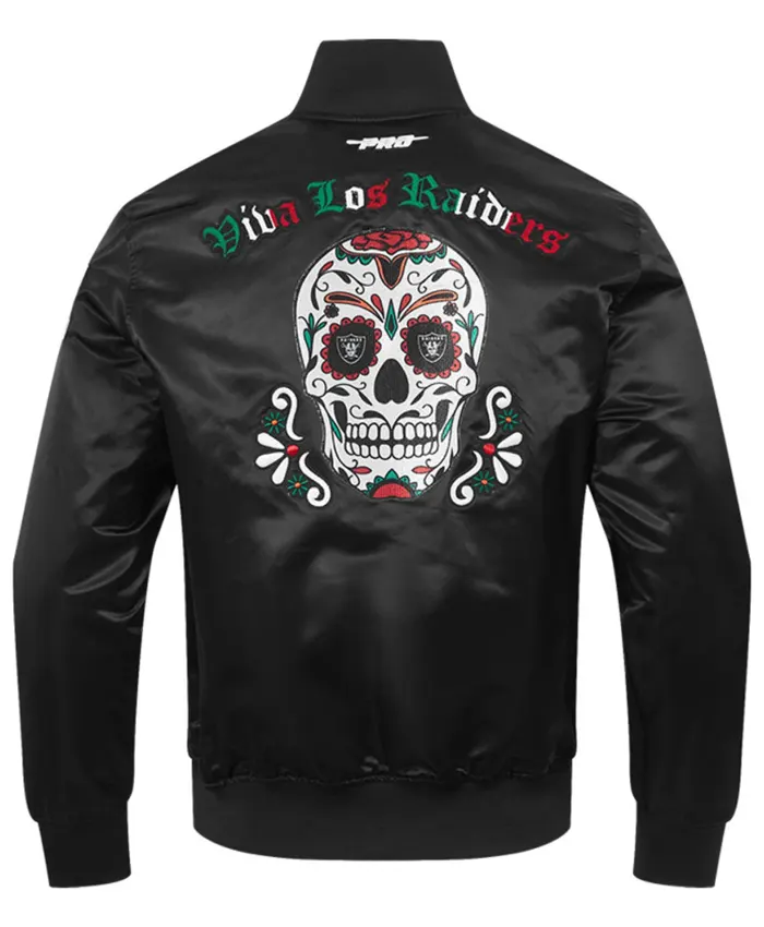 Las Vegas Raiders Viva Los Sugar Skull Black Satin Varsity Jacket back view