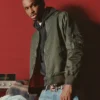 Levi's Olive Green MA-1 Bomber Jacket featuring rib-knitted collar, cuffs, and YKK zipper closure