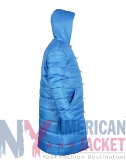 Little Nicky Movie Jacket showcasing blue long puffer design, viscose lining, and two outside pockets