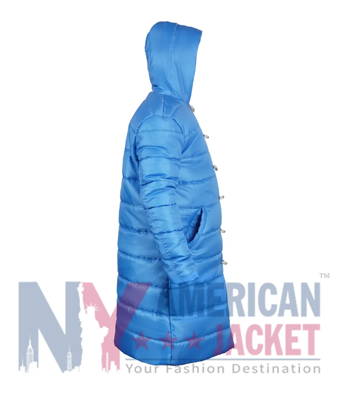 Little Nicky Movie Jacket showcasing blue long puffer design, viscose lining, and two outside pockets