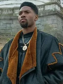 London Brown Power Book III Raising Kanan Black And Brown Shearling Leather Jacket front view