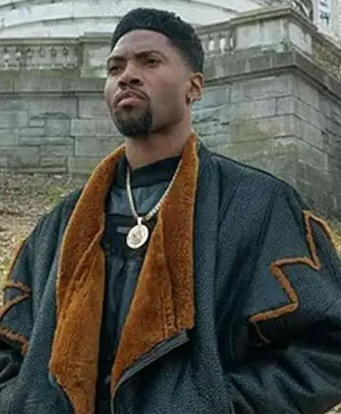 London Brown Power Book III Raising Kanan Black And Brown Shearling Leather Jacket front view