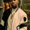 London Brown Power Book III Raising Kanan Black And White Leather Bomber Jacket front view